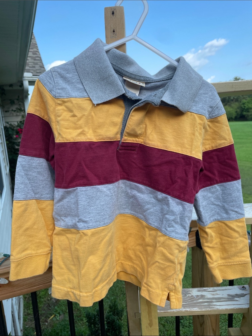 J. Khaki Striped Long-Sleeve Rugby Polo in Yellow, Maroon & Gray